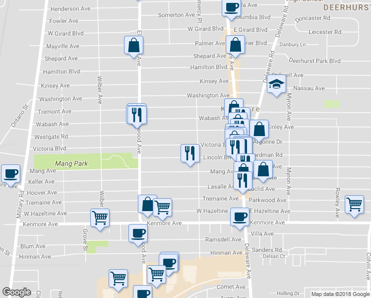 map of restaurants, bars, coffee shops, grocery stores, and more near 120 Victoria Boulevard in Buffalo