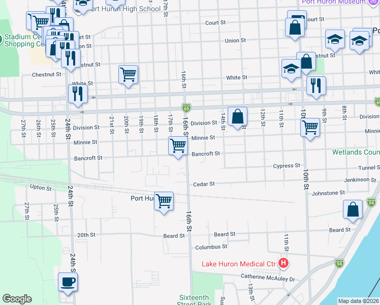 map of restaurants, bars, coffee shops, grocery stores, and more near 1926 16th Street in Port Huron