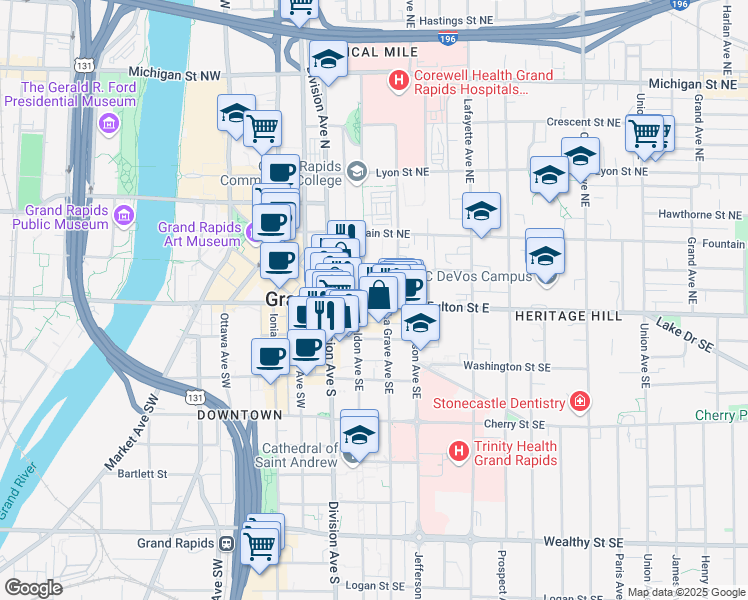 map of restaurants, bars, coffee shops, grocery stores, and more near 10 East Park Place Northeast in Grand Rapids