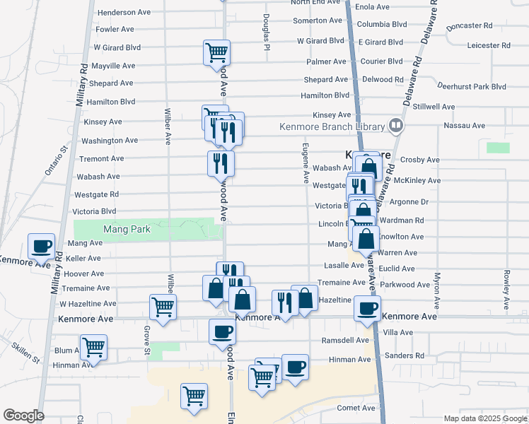 map of restaurants, bars, coffee shops, grocery stores, and more near 158 Victoria Boulevard in Kenmore