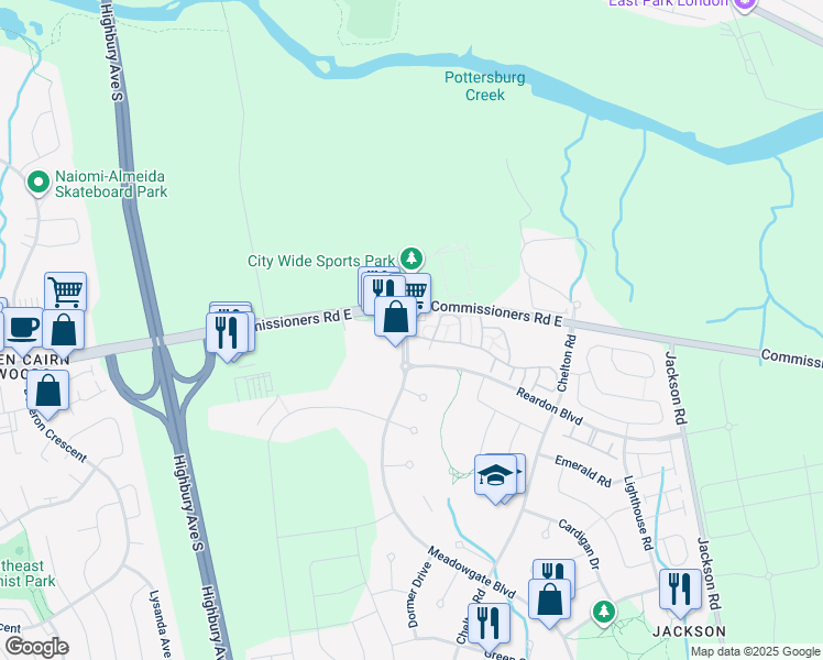 map of restaurants, bars, coffee shops, grocery stores, and more near Meadowgate Boulevard in London