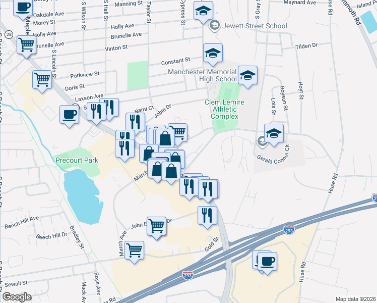 map of restaurants, bars, coffee shops, grocery stores, and more near 44 Brook Hollow Way in Manchester