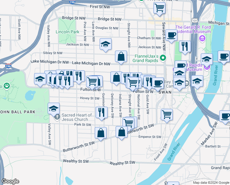 map of restaurants, bars, coffee shops, grocery stores, and more near 850 Fulton West in Grand Rapids