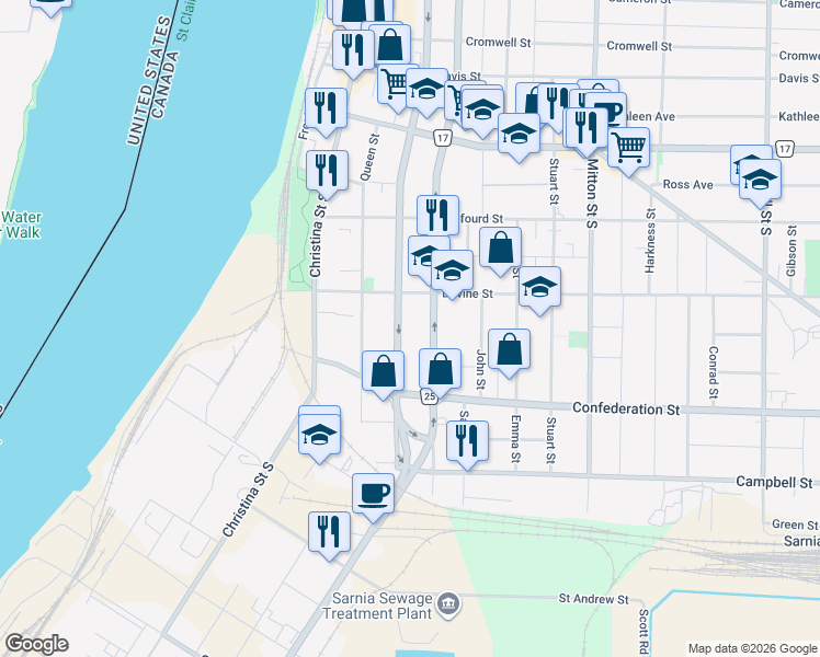 map of restaurants, bars, coffee shops, grocery stores, and more near 308 Vidal Street South in Sarnia