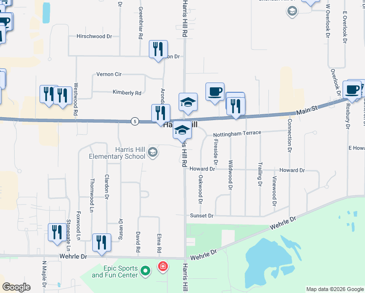 map of restaurants, bars, coffee shops, grocery stores, and more near 4250 Harris Hill Road in Buffalo