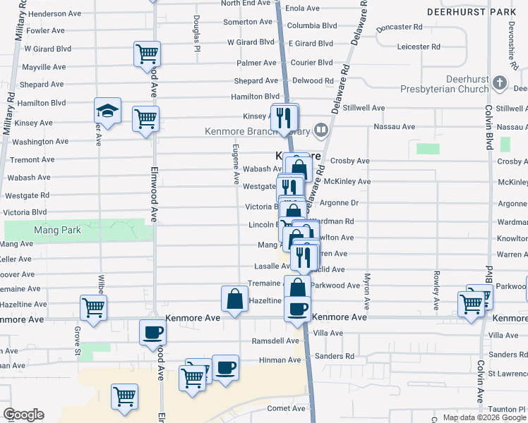 map of restaurants, bars, coffee shops, grocery stores, and more near 35 Lincoln Boulevard in Kenmore