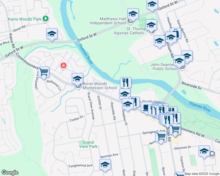 map of restaurants, bars, coffee shops, grocery stores, and more near 1415 Commissioners Road West in London