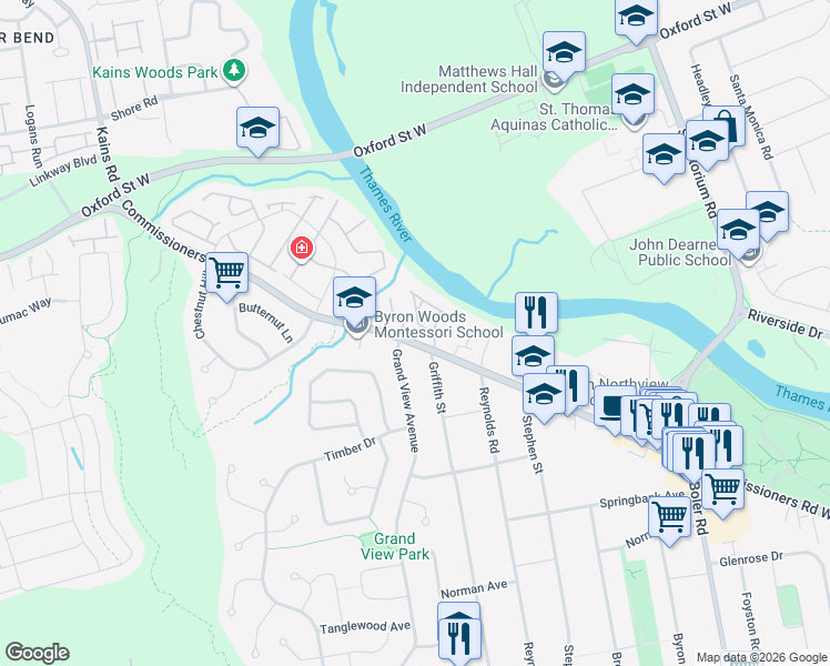 map of restaurants, bars, coffee shops, grocery stores, and more near 1443 Commissioners Road West in London