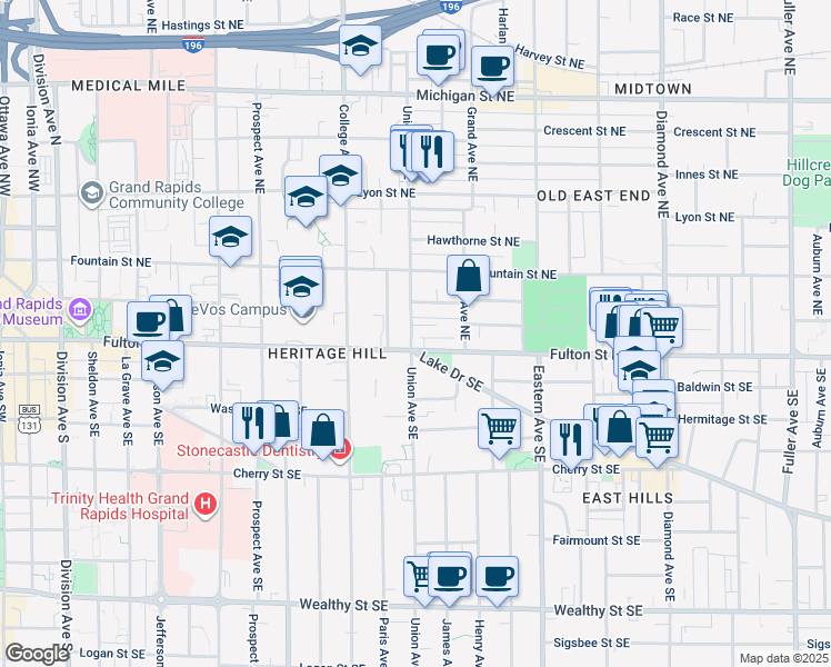 map of restaurants, bars, coffee shops, grocery stores, and more near 557 Fulton Street East in Grand Rapids