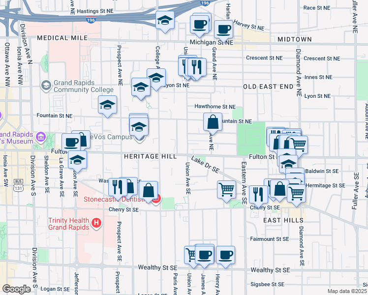 map of restaurants, bars, coffee shops, grocery stores, and more near 557 Fulton Street East in Grand Rapids