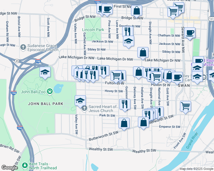 map of restaurants, bars, coffee shops, grocery stores, and more near 1027 Hovey Street Southwest in Grand Rapids