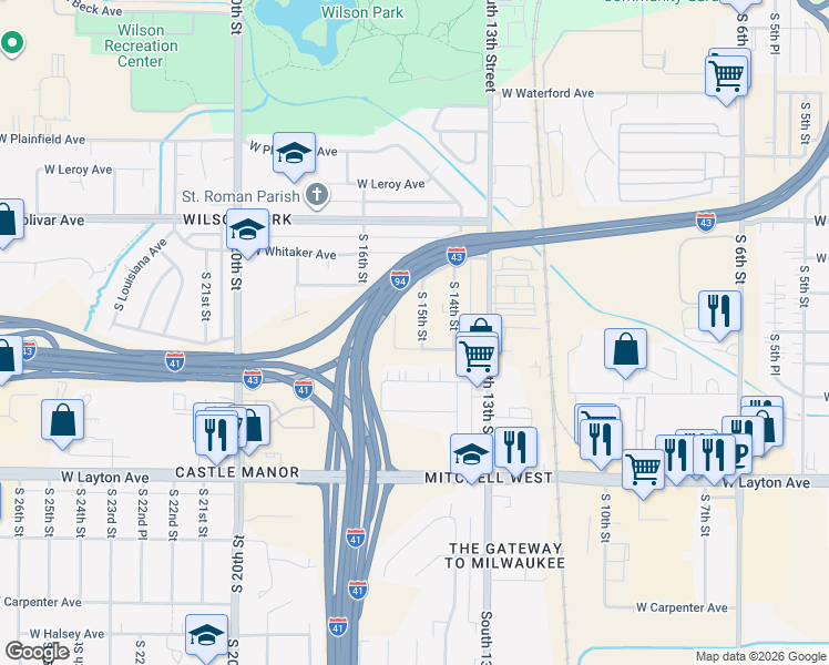 map of restaurants, bars, coffee shops, grocery stores, and more near 1430 West Van Norman Avenue in Milwaukee