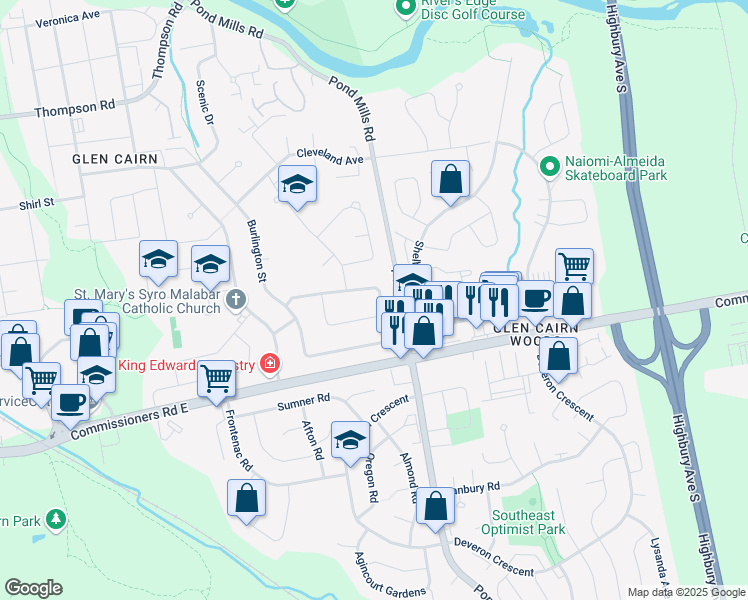 map of restaurants, bars, coffee shops, grocery stores, and more near 334 Burlington Crescent in London