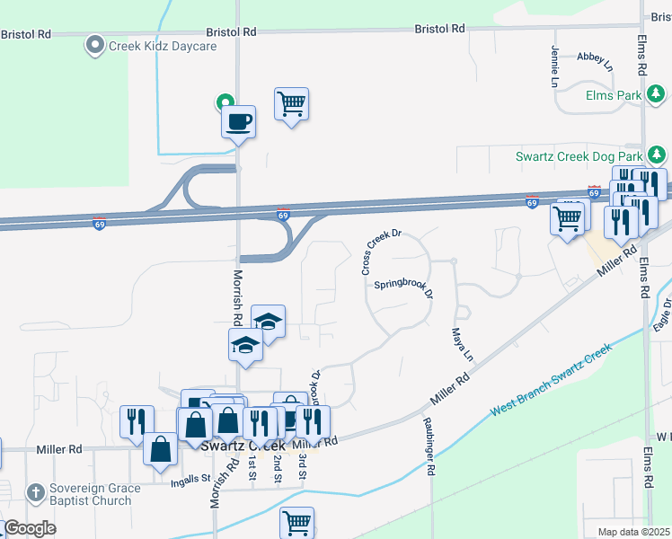 map of restaurants, bars, coffee shops, grocery stores, and more near 4200 West Roundhouse Road in Swartz Creek