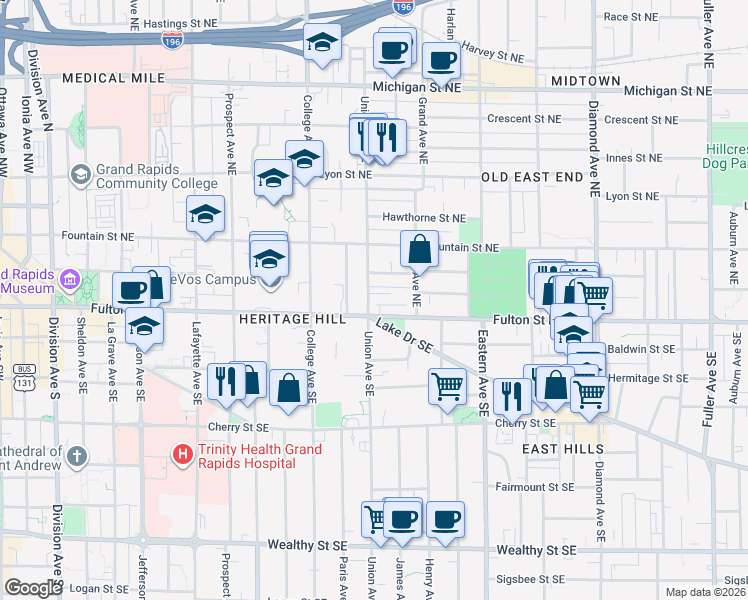 map of restaurants, bars, coffee shops, grocery stores, and more near 557 Fulton Street East in Grand Rapids