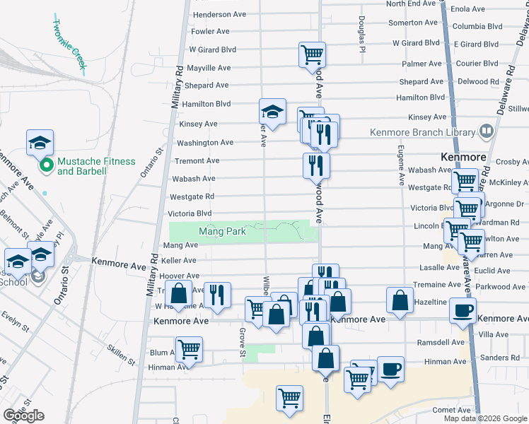map of restaurants, bars, coffee shops, grocery stores, and more near Wilber Avenue & Victoria Boulevard in Buffalo
