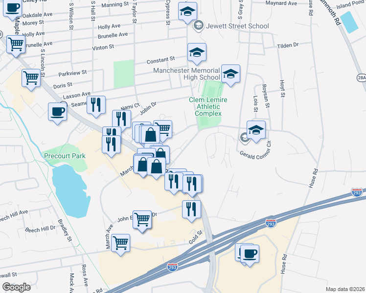 map of restaurants, bars, coffee shops, grocery stores, and more near 98 Weston Road in Manchester