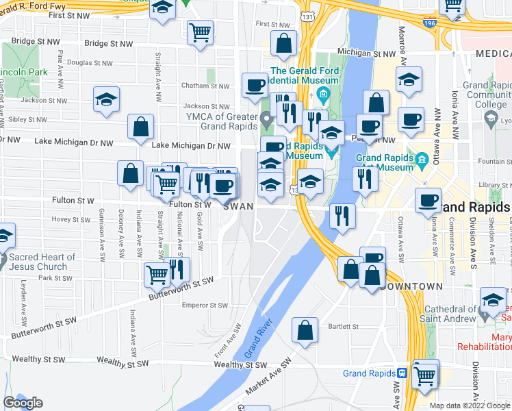 map of restaurants, bars, coffee shops, grocery stores, and more near W Fulton St & Watson St SW in Grand Rapids