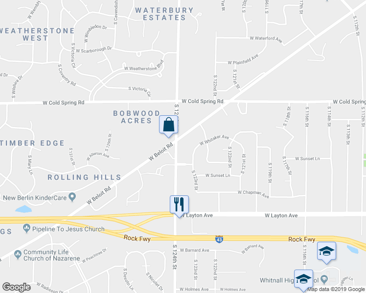 map of restaurants, bars, coffee shops, grocery stores, and more near 4500 South 124th Street in Greenfield