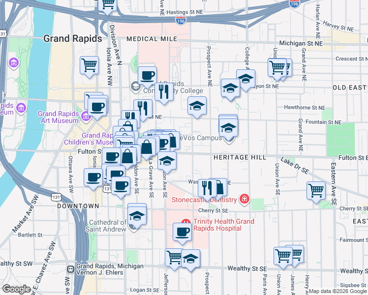 map of restaurants, bars, coffee shops, grocery stores, and more near 233 Fulton Street East in Grand Rapids