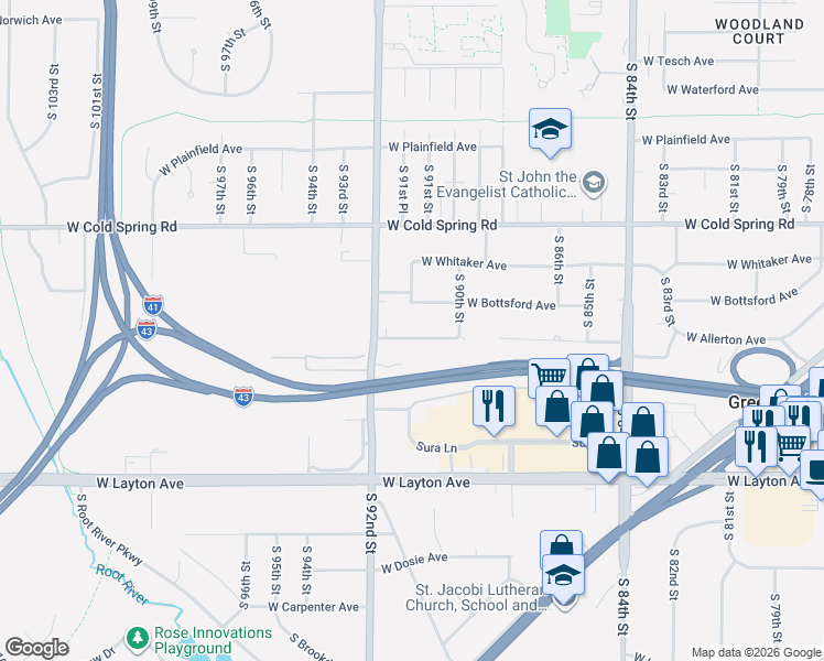 map of restaurants, bars, coffee shops, grocery stores, and more near 9073 West Allerton Avenue in Greenfield