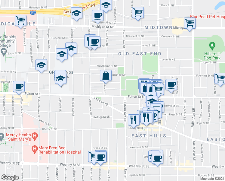 map of restaurants, bars, coffee shops, grocery stores, and more near 726 Lockwood St NE in Grand Rapids