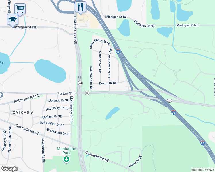 map of restaurants, bars, coffee shops, grocery stores, and more near 3394 Devon Drive Northeast in Grand Rapids