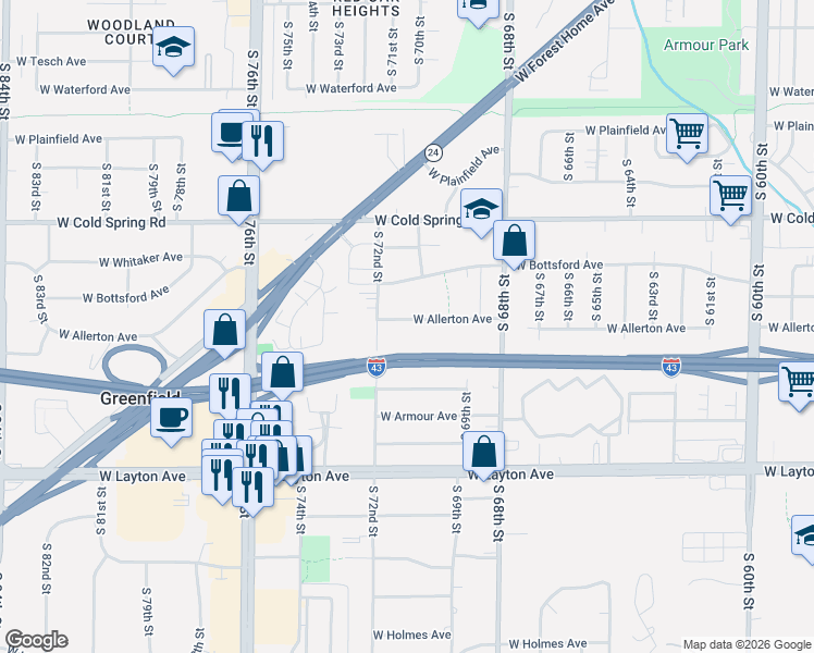 map of restaurants, bars, coffee shops, grocery stores, and more near 7117 West Allerton Avenue in Greenfield