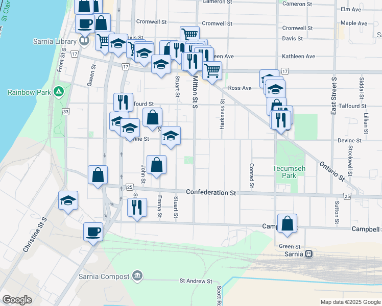 map of restaurants, bars, coffee shops, grocery stores, and more near 293 Mitton Street South in Sarnia