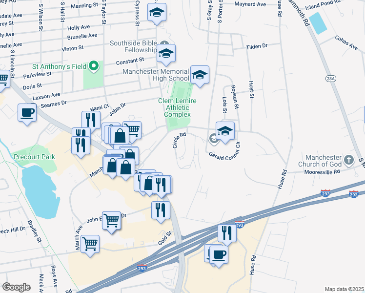 map of restaurants, bars, coffee shops, grocery stores, and more near 115 Circle Road in Manchester