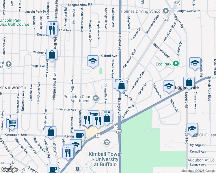 map of restaurants, bars, coffee shops, grocery stores, and more near 151 Springville Avenue in Buffalo