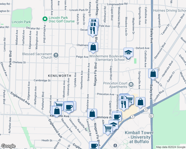 map of restaurants, bars, coffee shops, grocery stores, and more near 321 Niagara Falls Boulevard in Buffalo