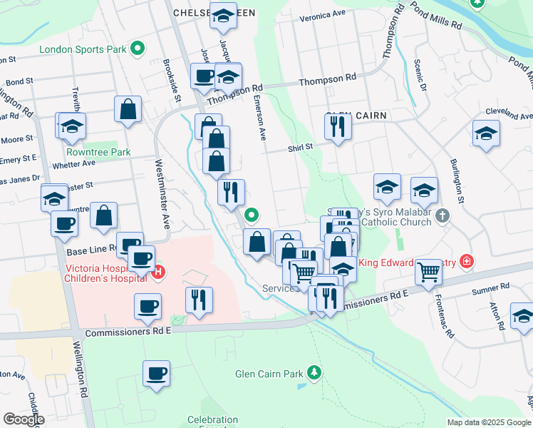 map of restaurants, bars, coffee shops, grocery stores, and more near 220 Adelaide Street South in London
