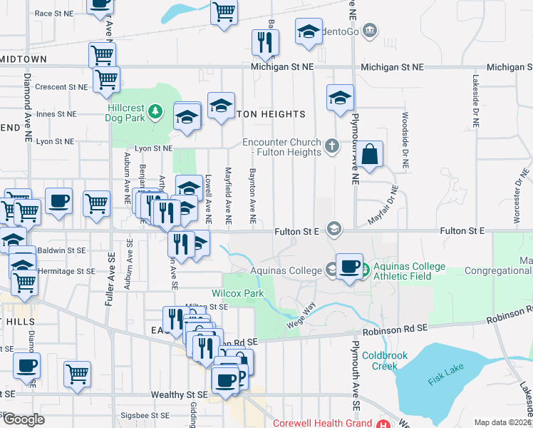 map of restaurants, bars, coffee shops, grocery stores, and more near 1587 Fulton Street East in Grand Rapids