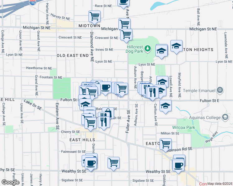 map of restaurants, bars, coffee shops, grocery stores, and more near 1131 Fulton Street East in Grand Rapids