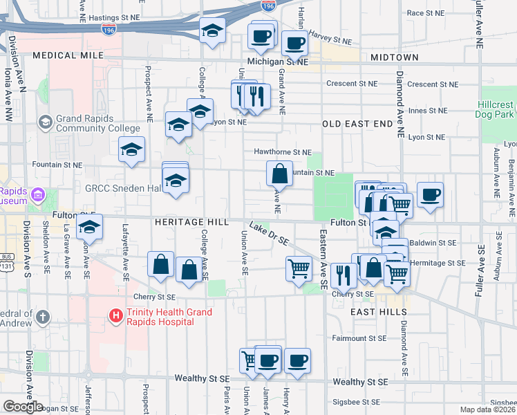 map of restaurants, bars, coffee shops, grocery stores, and more near 635 Fulton Street East in Grand Rapids