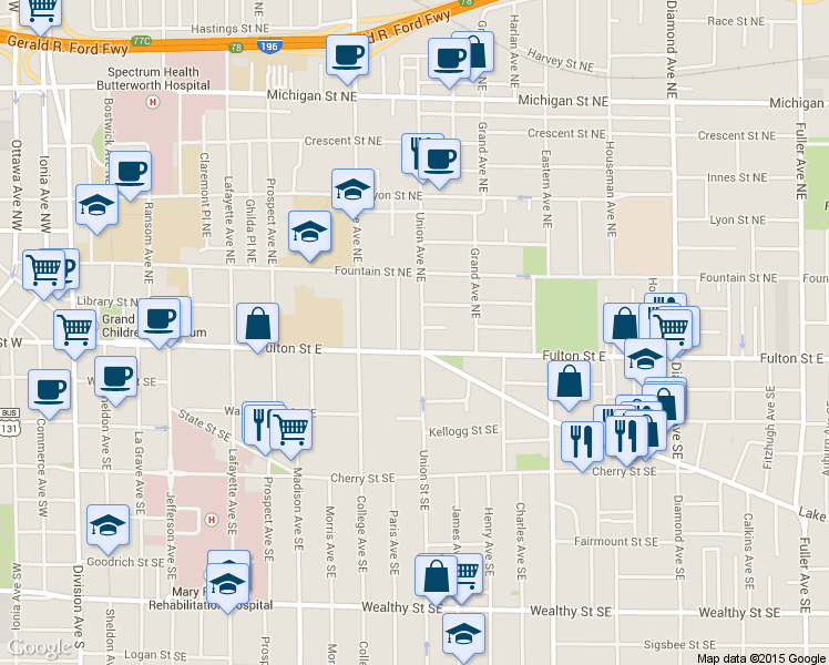 map of restaurants, bars, coffee shops, grocery stores, and more near 557 Fulton Street East in Grand Rapids