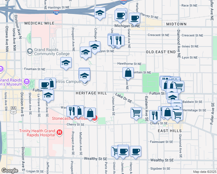 map of restaurants, bars, coffee shops, grocery stores, and more near 557 Fulton Street East in Grand Rapids