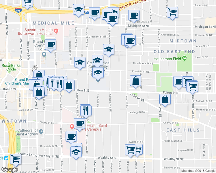 map of restaurants, bars, coffee shops, grocery stores, and more near in Grand Rapids