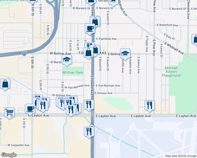 map of restaurants, bars, coffee shops, grocery stores, and more near 102 East Van Norman Avenue in Milwaukee