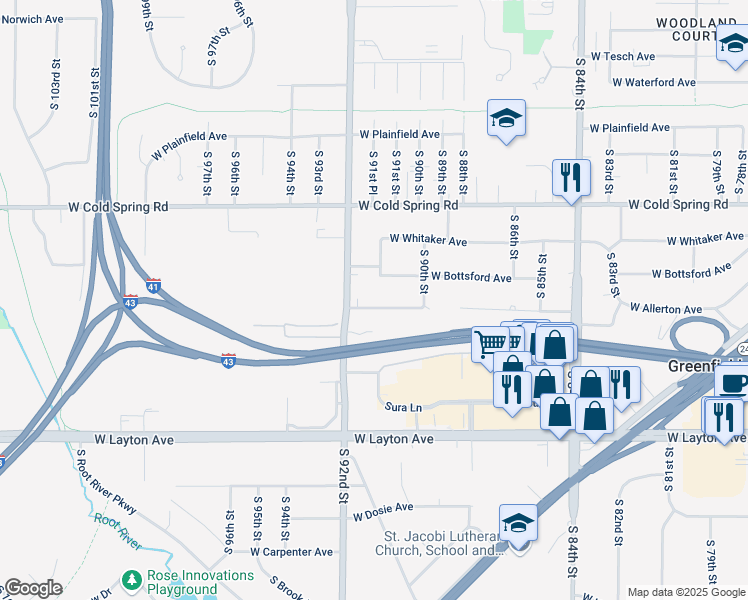 map of restaurants, bars, coffee shops, grocery stores, and more near 9181 West Allerton Avenue in Greenfield