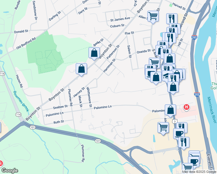 map of restaurants, bars, coffee shops, grocery stores, and more near 99 Colby Court in Bedford