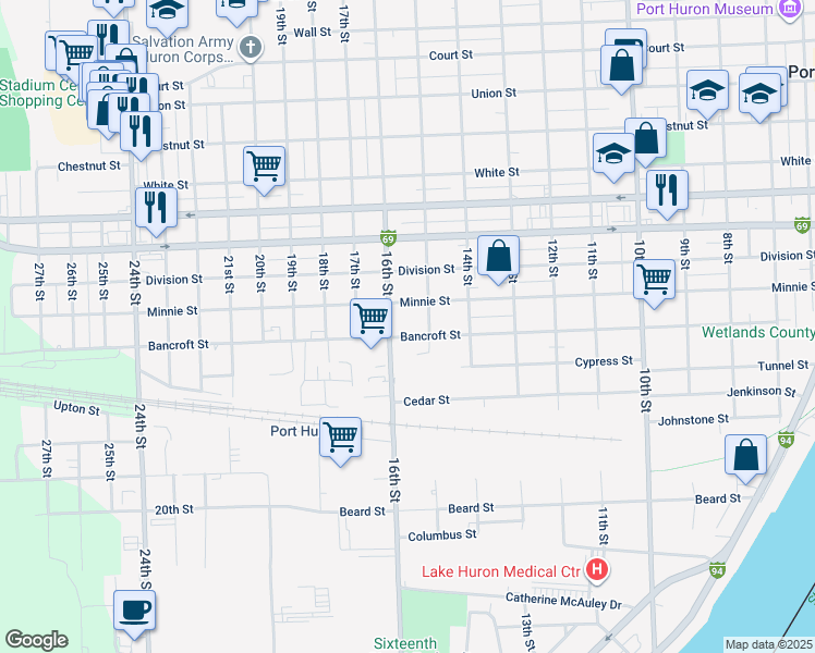 map of restaurants, bars, coffee shops, grocery stores, and more near 1516 Bancroft Street in Port Huron