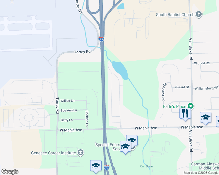 map of restaurants, bars, coffee shops, grocery stores, and more near 4446 Rainbow Lane in Flint