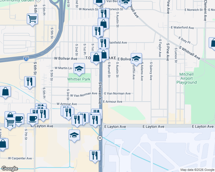 map of restaurants, bars, coffee shops, grocery stores, and more near 102 East Van Norman Avenue in Milwaukee