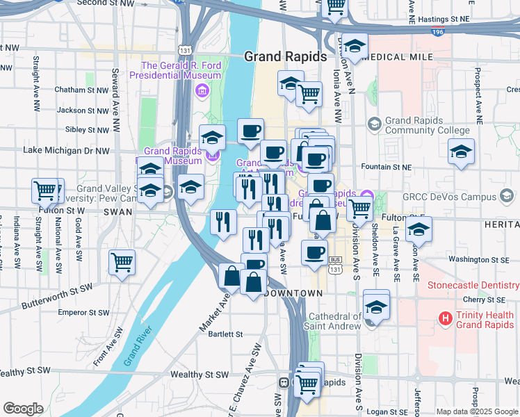 map of restaurants, bars, coffee shops, grocery stores, and more near 31 Campau Avenue Northwest in Grand Rapids