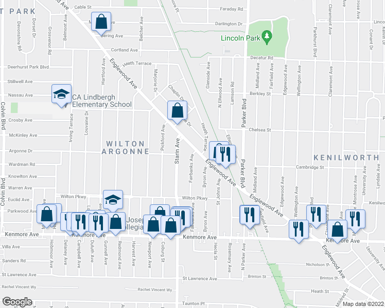 map of restaurants, bars, coffee shops, grocery stores, and more near 174 Fairbanks Avenue in Erie County