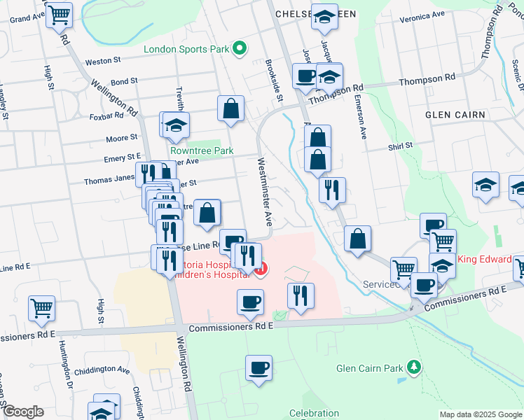 map of restaurants, bars, coffee shops, grocery stores, and more near 345 Westminster Avenue in London