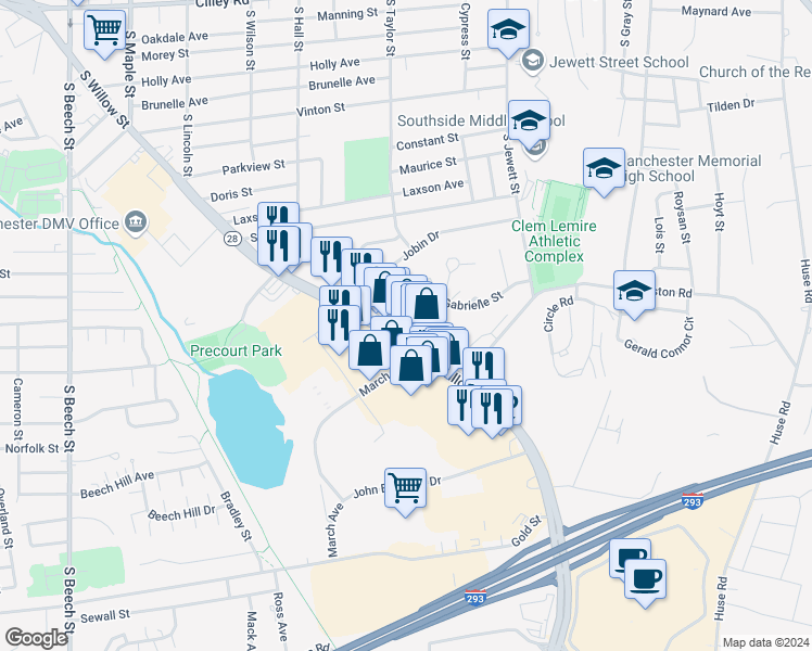 map of restaurants, bars, coffee shops, grocery stores, and more near 932 South Willow Street in Manchester