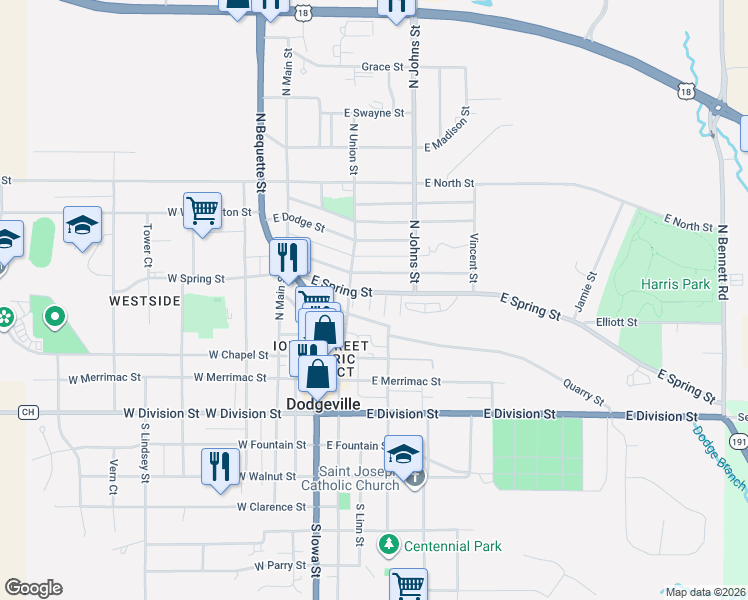 map of restaurants, bars, coffee shops, grocery stores, and more near 39 Quarry Street in Dodgeville